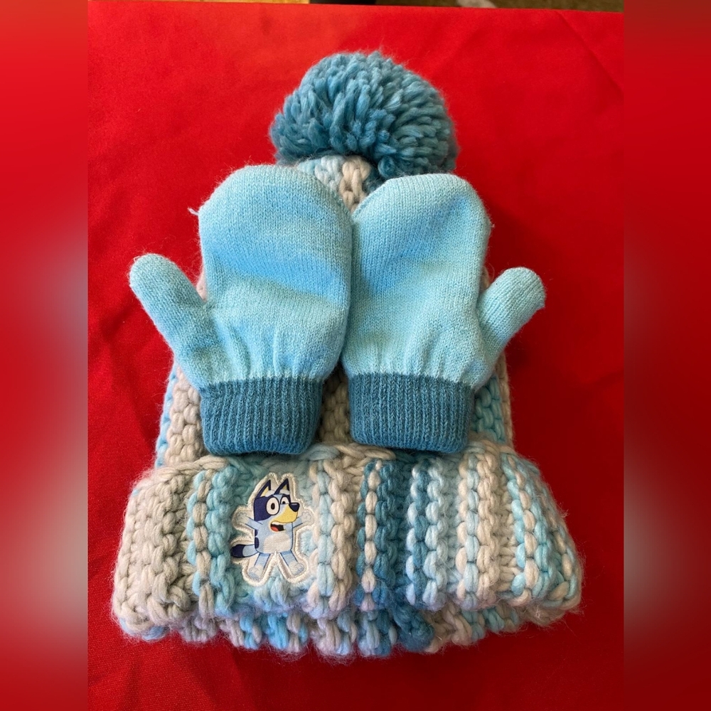 Bluey Kids Winter Beanie Hat & Mitten Gloves Set Blue Knit Pom Pom One Size2T-5T